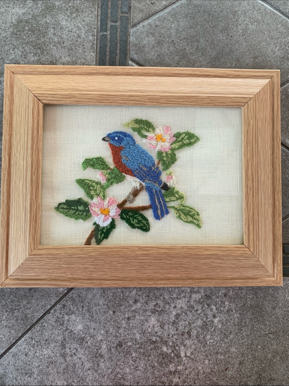 Vtg Handmade Needlepoint of a Bluebird